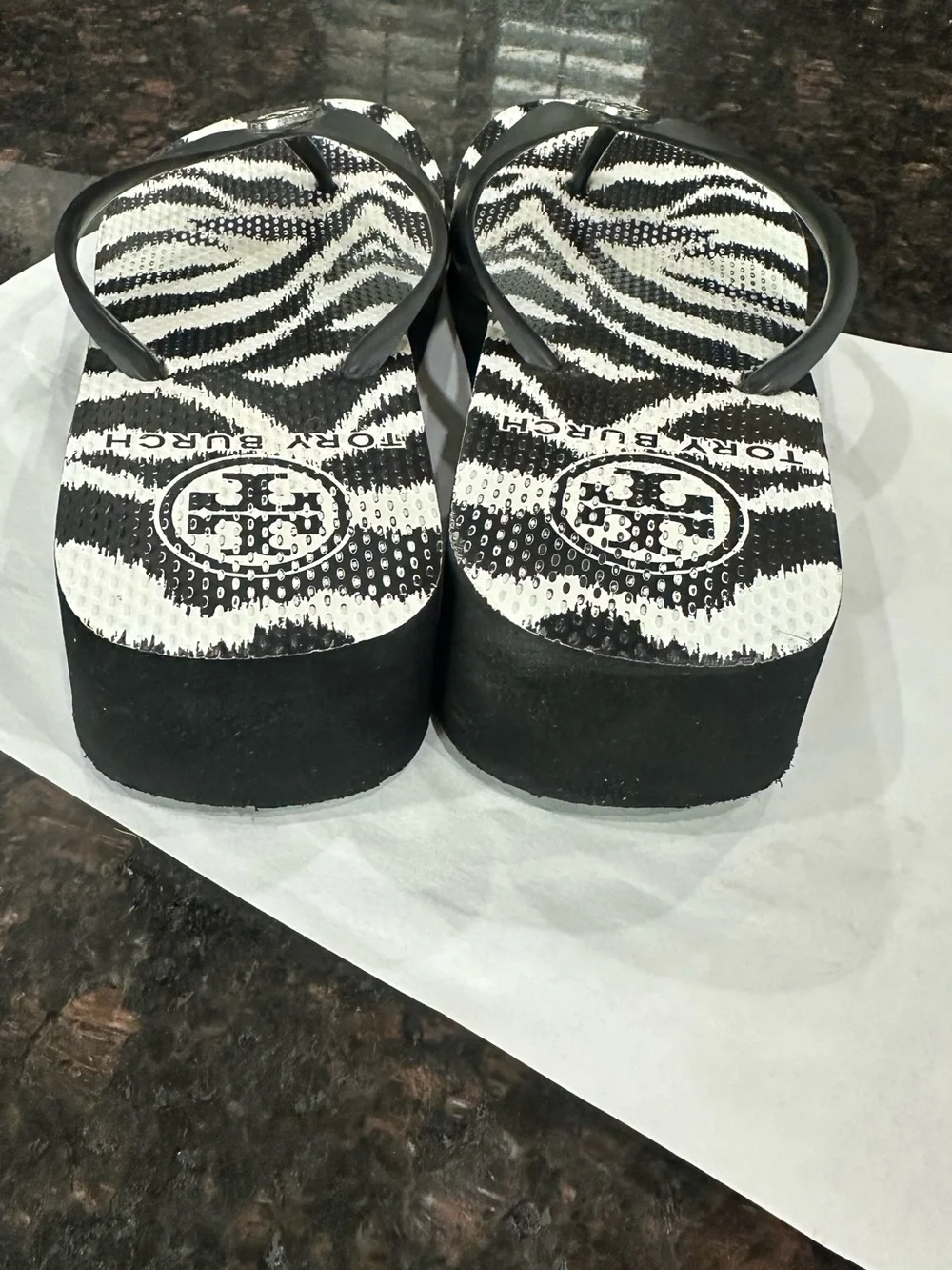 Tory Burch Black and White Zebra-Print Wedge Flip Flops
